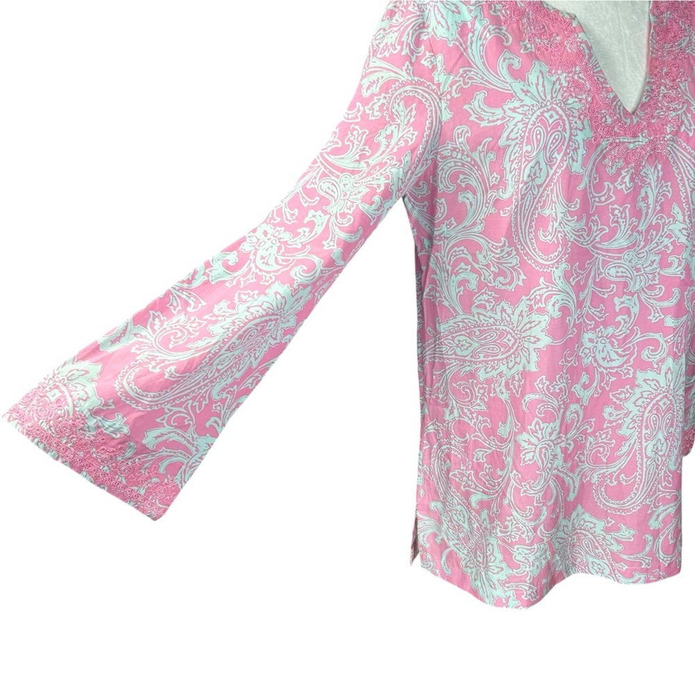 J. Mclaughlin Silk Blend Top M Pop Over Bell Sleeves Embroidered Coastal - Picture 6 of 10